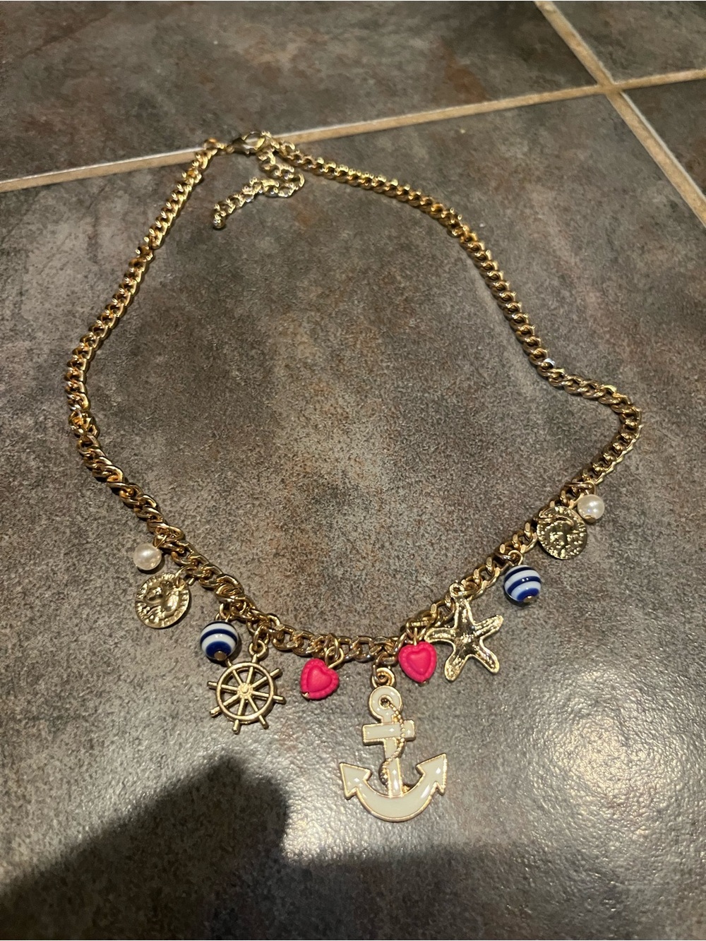 Gold Nautical Charm Necklace with red Heart Accents